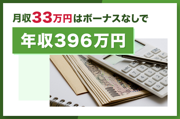 月収33万円はボーナスなしで年収396万円